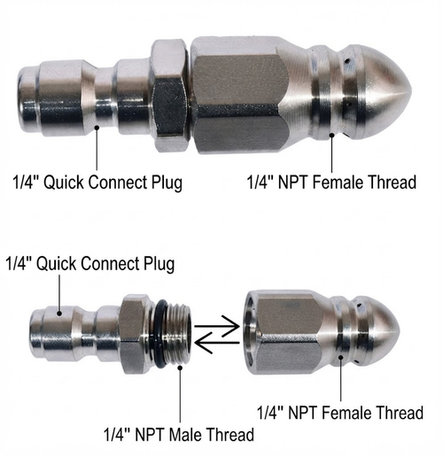 3pcs Seven-hole jetting Water Rat High Pressure Nozzle Quick Connect 1 Front 6 Rear Spray Sewer Pipe