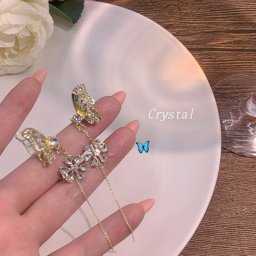 1PC Silver Butterfly Crystal Tassel Ear Clip Women's Earrings Shiny Rhinestone Chain Cartilage