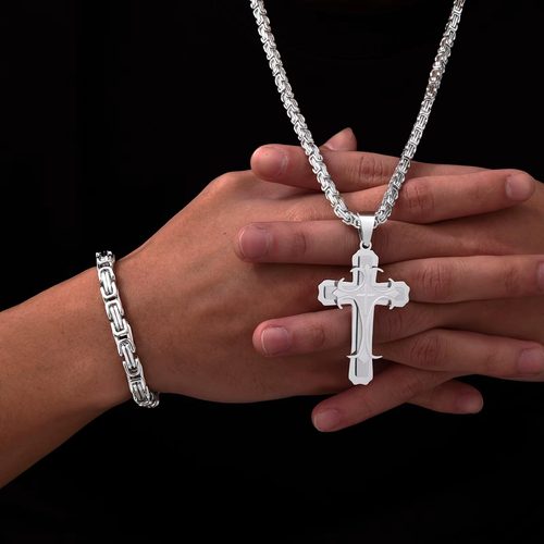 Men's Cross Pendant Necklace and Bracelet Set