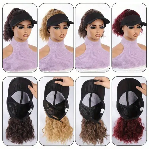 Synthetic 12inch Women's hat Water ripple wig hat with ponytail wig Hat with wig Lady's adjustable black baseball cap wig