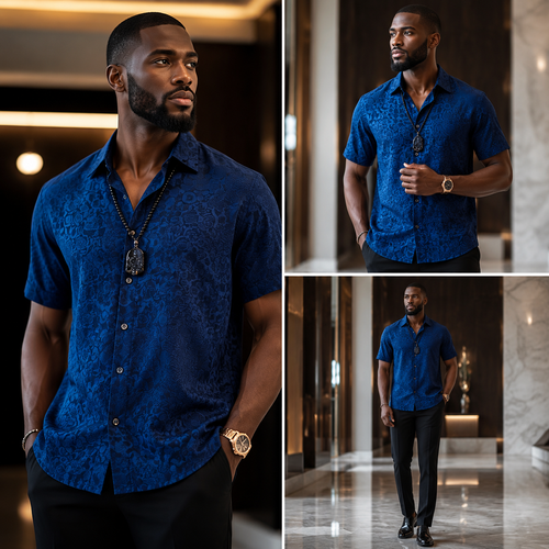 Men's Blue Patterned Ice Silk Short-Sleeve Shirt (Premium Style)