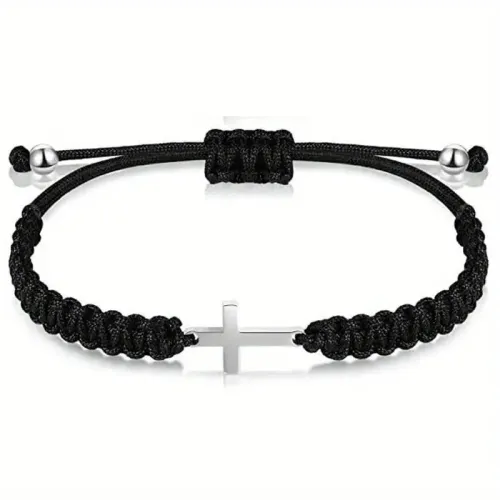 Simple Cross Black White Braided Rope Couple Bracelets Silver Color Adjustable Bracelet Christian Jewelry