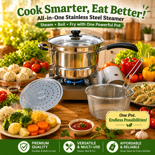 Connox 3in1 Multifunctional Stainless Steel Cooking Pot for Steaming and Frying with Filter and Non-stick Pan