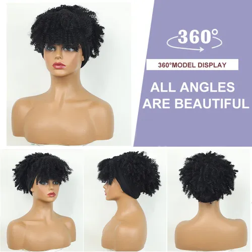 Short Curly Headband Wig Kinky Curly Wig with Turban Ombre Synthetic Head Wrap Wigs Hair High Temperature