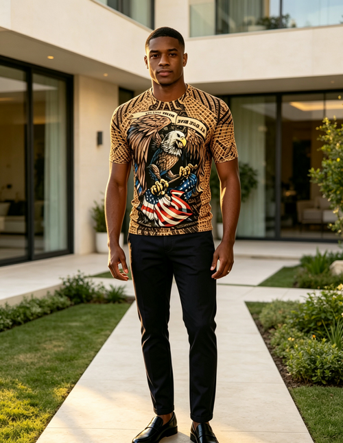 Men Eagle Flag Print Mesh Short Sleeve T-Shirt
