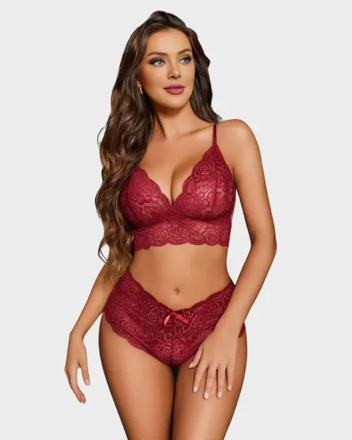 Women 3-Piece All-in-One Set Sexy Lingerie Dress Transparent V-Neck Nightwear Sheer Lace Sleepwear