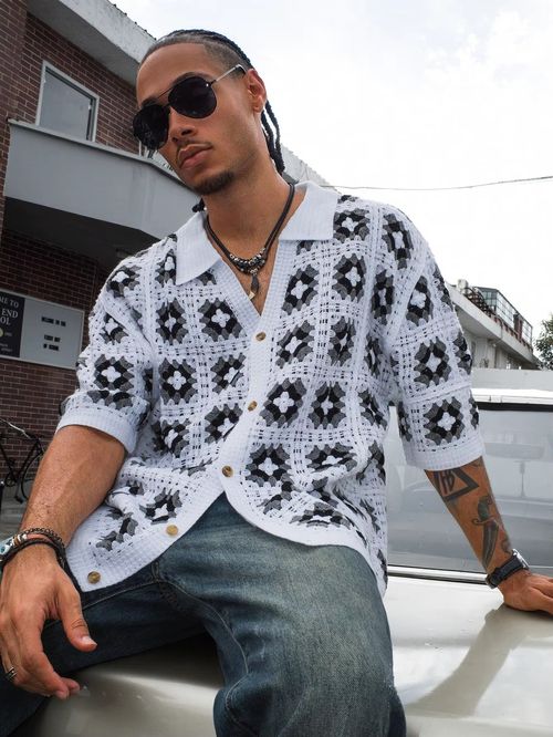 Men's Summer Cool Knitted Short-Sleeve Shirt Baby Blue Boho Vacation Casualwear Loose Fit Collared Button Closure All-Over Print