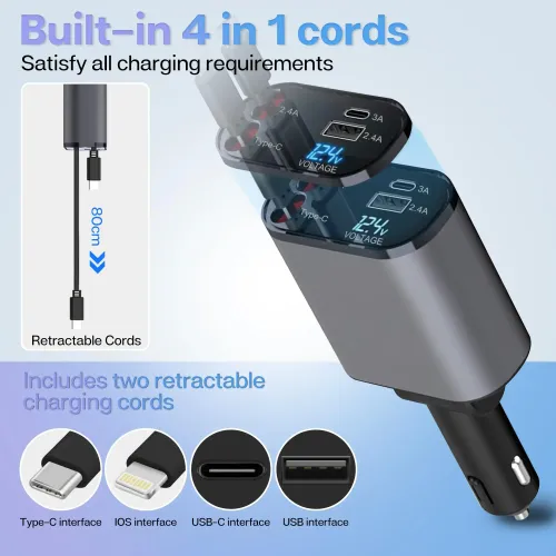 120w 4 IN 1 Retractable Car Charger Mobile Phone USB PD Type C Cable For iPhone Fast Charge Cord Cigarette Lighter QC Adapter