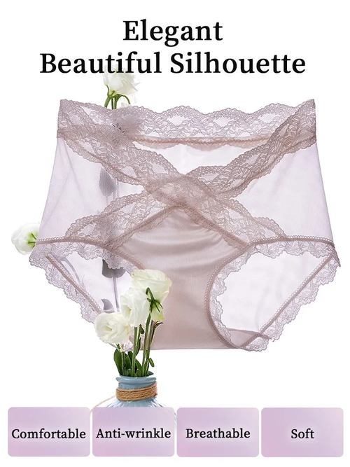 Set of 3 sexy lace panties with criss-cross waist design, comfortable and breathable, with an extended silk crotch.