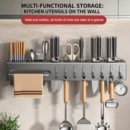 Multi-Functional Heavy-Duty Carbon Steel Knife Holder,No-Drill Wall-Mounted Organizer Rack for Knives, Utensils & Cutting Boards