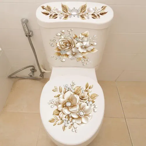 1 or 2pc  Luxury Gold Pearl Floral Toilet Sticker Waterproof Self-Adhesive Bathroom Decor Sticker Wall Stickers Home Decoration Stickers