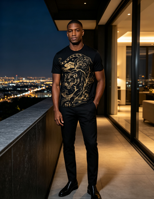 Luxury Men Black Tee Golden Leopard Wave Short Sleeve Shirt