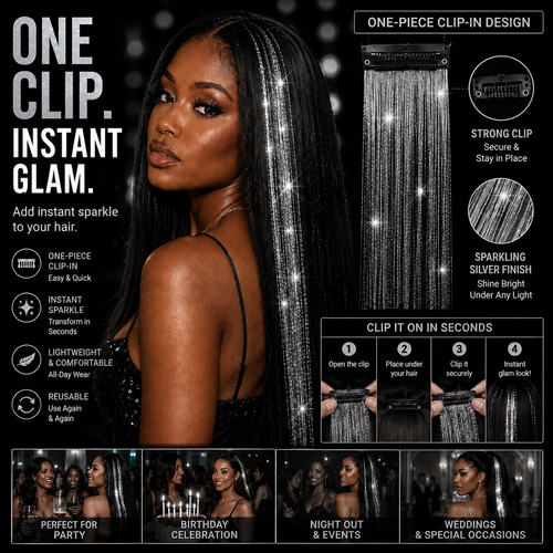 ✨ Holographic Gold Sliver Clip-In Hair Tinsel Extension – One-Piece Sparkling Hair Extension for Party, Birthday & Special Occasions ✨