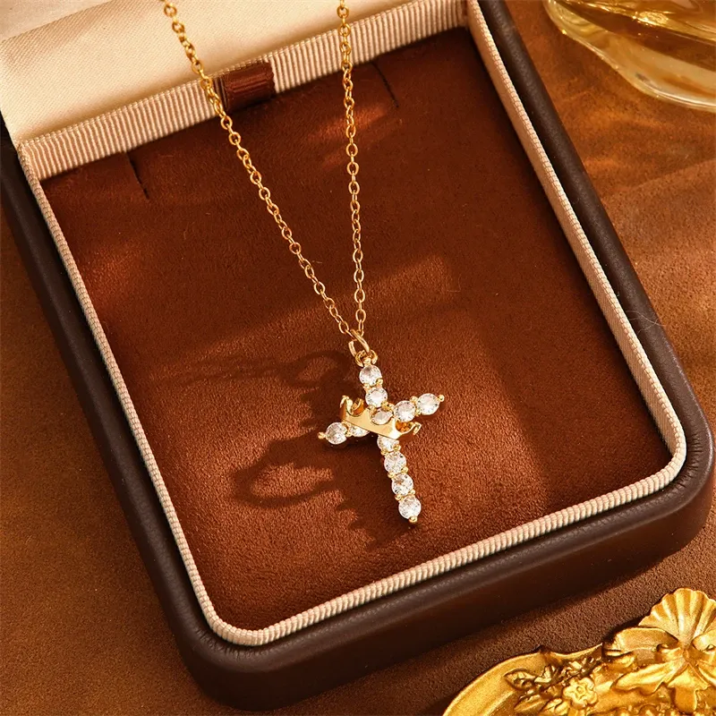 3PCS Delicate Rotatable Crown Zircon Cross Pendant Necklace for Women Stainless Steel Chain Birthstone Necklace Jewelry Birthday Gift
