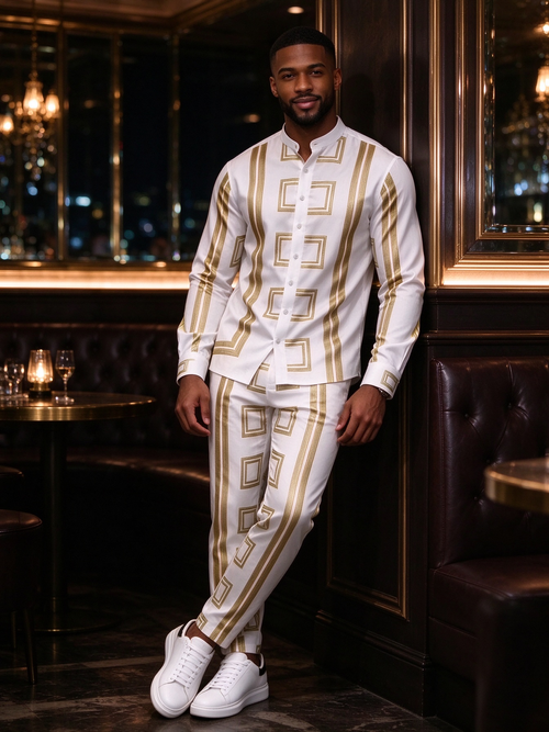 Men's gold-toned geometric-patterned suit