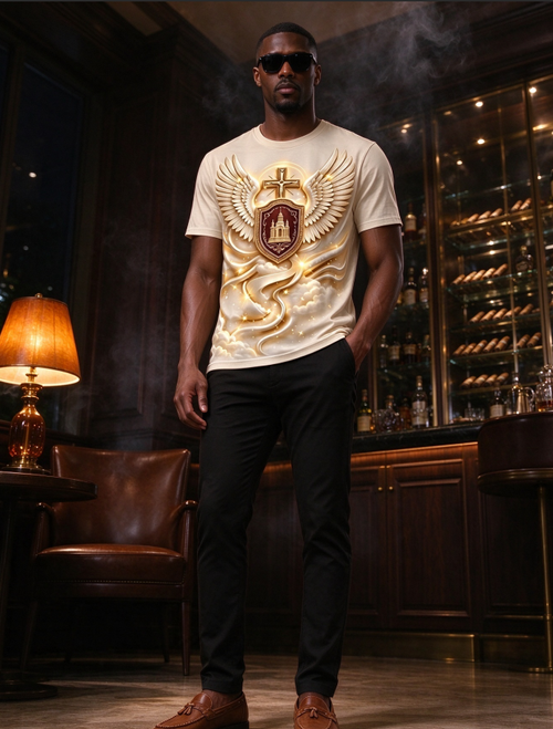 Men's White Gold Wings Cross Shield Graphic Print Short Sleeve Crew Neck T-Shirt