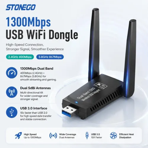 1300Mbps USB WiFi Adapter Dual Band 5GHz 2.4GHz Wireless Network Card Double High Gain Antenna USB3.0 WiFi Dongle Internet Receiver for PC Laptop Desktop Support Windows 11 10 8 7 Vista XP