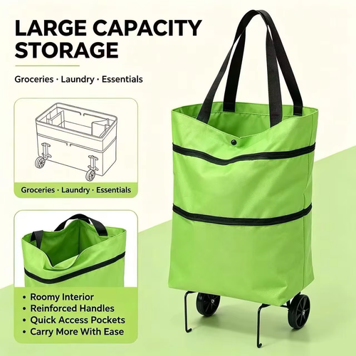 Lightweight, foldable shopping trolley with wheels (can also be carried over the shoulder)