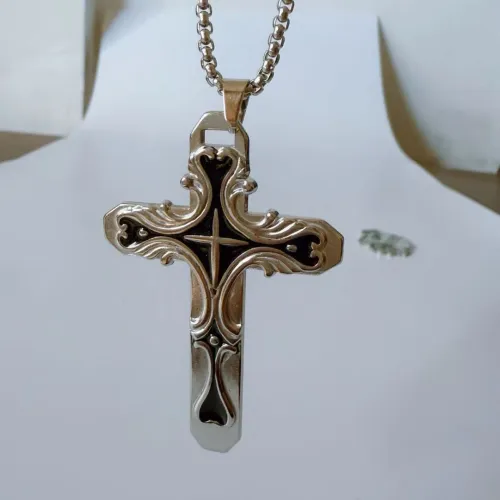 Stainless Steel Dual Color Cross Pendant Necklace Street Style Versatile Men's Fashionable Geometric Shape Sweater Chain Jewelry