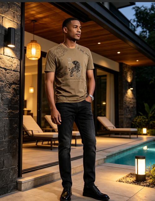 Men Fashion Tiger Print Crew Neck Short Sleeve T‑Shirt