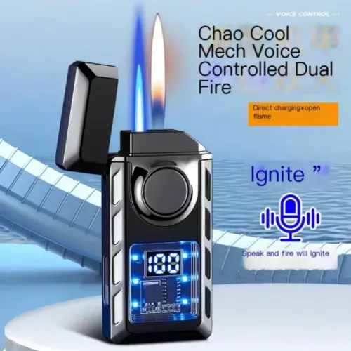 Voice-activated dual-flame refillable windproof lighter with intelligent sensor ignition
