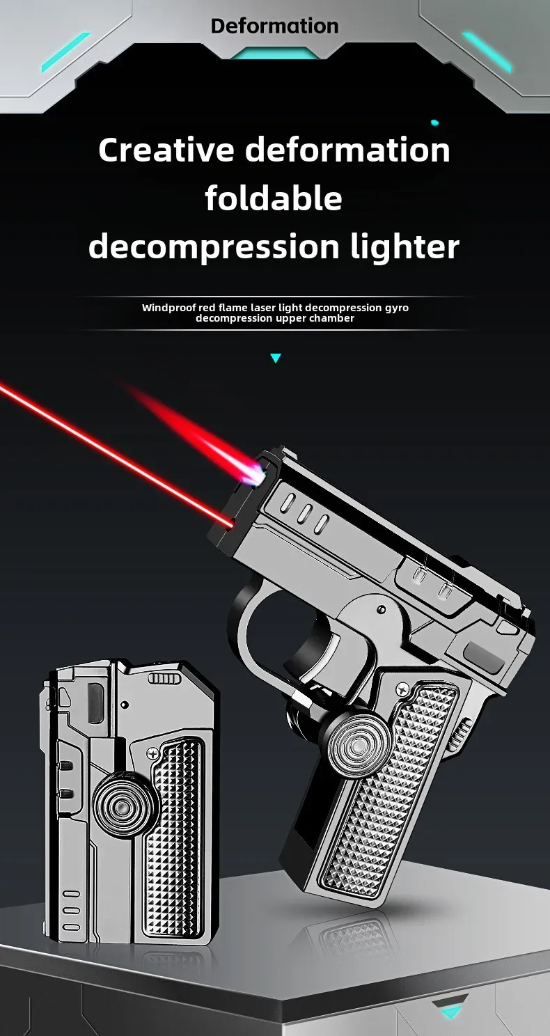 Multi Functional Folding Dual Form Decompression Gyro Gun Shaped Lighter with Creative Deformation and Windproof Red Flame