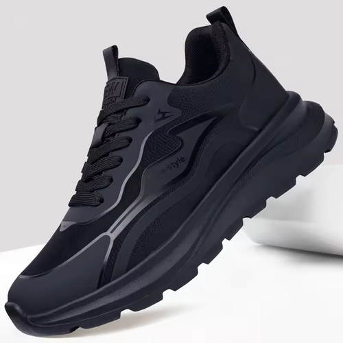 Men's Casual Leather Surface Sports Shoes Lightweight Versatile Soft Thick Bottom Dad Shoes Black Color Breathable Mesh Inner