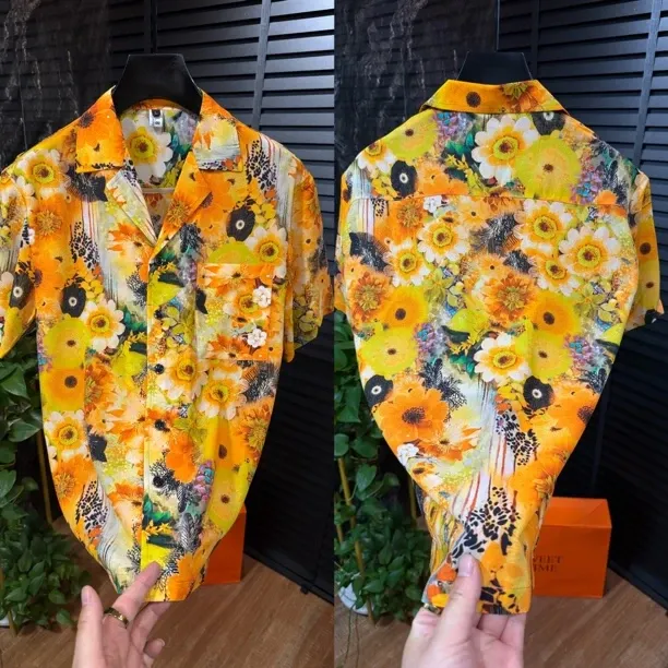 Sunflower-print retro Cuban-collar shirt