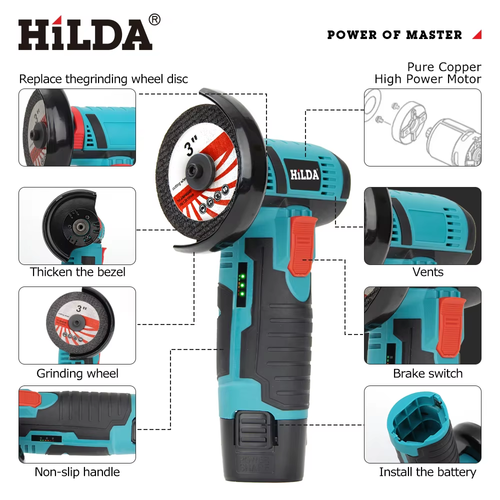 HILDA 12V Cordless Lithium-Ion Angle Grinder (Rechargeable) – Features Both Polishing and Mini-Cutting Functions
