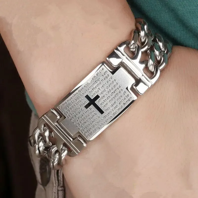 24MM Width 316L Stainless Steel Cuban Chain Cross Bracelet For Men Jewelry Male Hand Chain Wrap Bracelets Punk Accessory