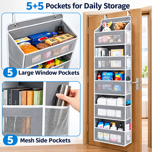 5-Shelf Hanging Storage Organizer - Behind Door Anti-Tilt 5 Large Capacity Pockets Suitable for Bedroom Bathroom