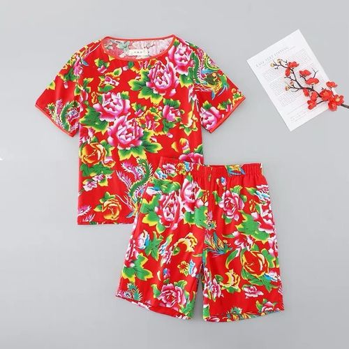 Bold Peony & Phoenix Print Summer Cool Suit, Lightweight Skin-Friendly Cotton Loungewear 2 Piece Short Set, Unisex Casual Outfit for Home & Outdoor
