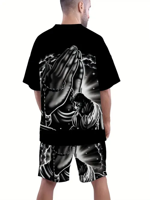 Men's Short-Sleeved Set Hands Together Print Casual Fashionable Street Style