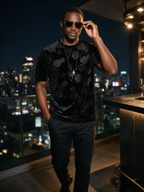 Black T-shirt with a subtle rose pattern