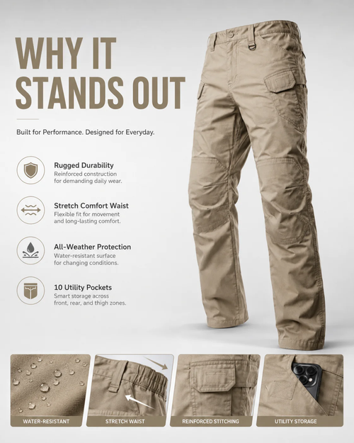 Mens Waterproof Multi-Purpose Cargo Pants – Rugged Durability, Stretch Comfort 10-Pocket Storage