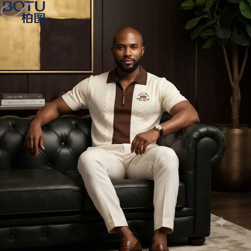 White and brown color-block polo shirt