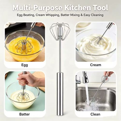 2PCS Stainless Steel Semi-Automatic Egg Beater, Hand Press Rotary Whisk, Manual Cream Mixer for Baking Kitchen Tool