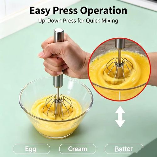 2PCS Stainless Steel Semi-Automatic Egg Beater, Hand Press Rotary Whisk, Manual Cream Mixer for Baking Kitchen Tool