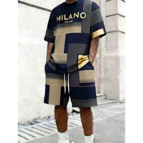 Mens short-sleeve set in a loose fit, featuring a yellow and blue color scheme