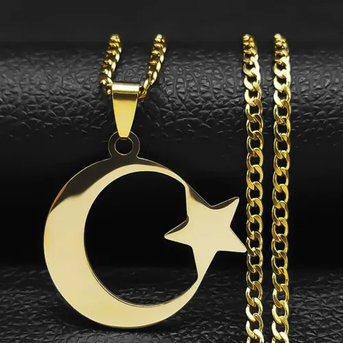 Muslim Stainless Steel Star Moon Pendant Chain Necklace For Men Neck Jewelry Accessories Male