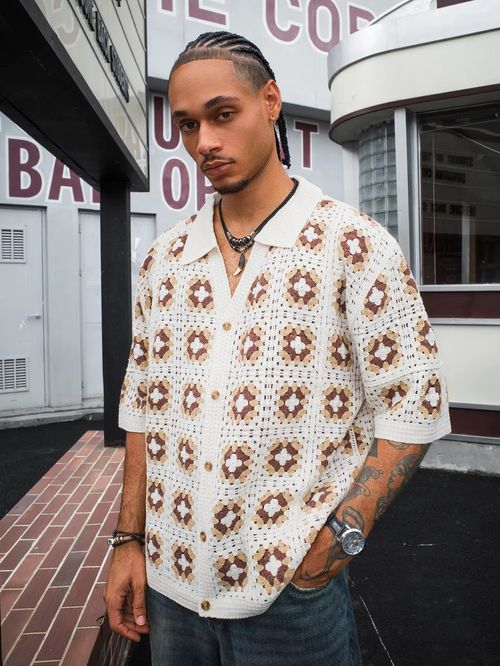 Men's Summer Cool Knitted Short-Sleeve Shirt Baby Blue Boho Vacation Casualwear Loose Fit Collared Button Closure All-Over Print