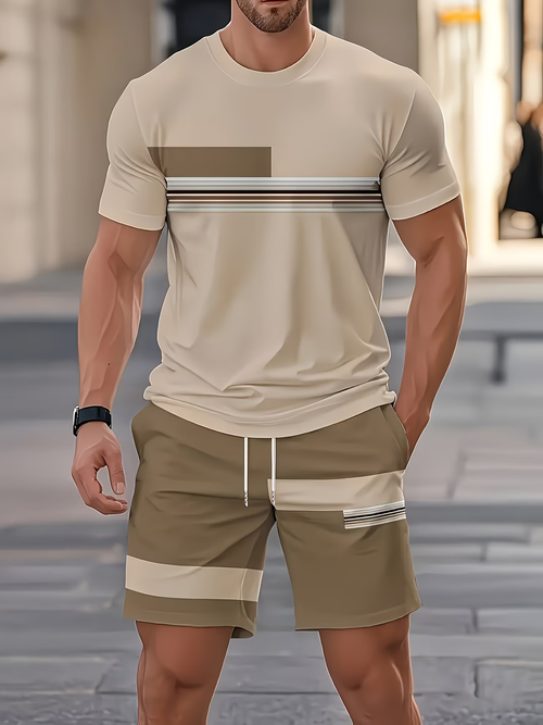 Men's Outdoor Outfit Set, Summer Trendy Fashion Short-Sleeve Crew Neck Creative Quick-Dry T-Shirt Top + Shorts, 3D Digital Print Vintage Style Striped Contrast Color Pattern