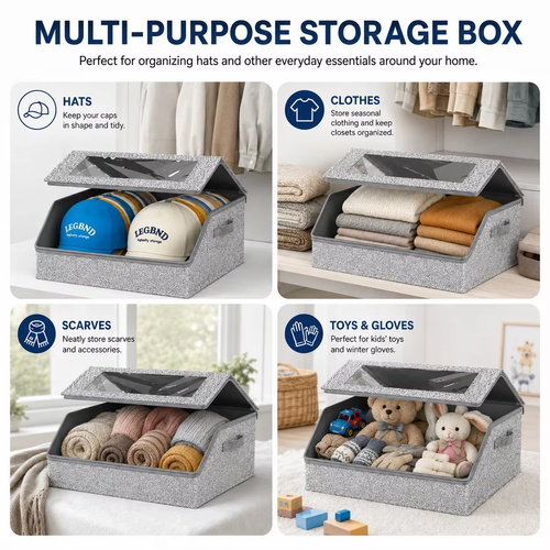 2pcs Stackable Baseball Cap Organizer Boxes-Large Capacity,Foldable Fabric Storage Boxe with Clear Lid&Metal Handles for Clothes,Hats