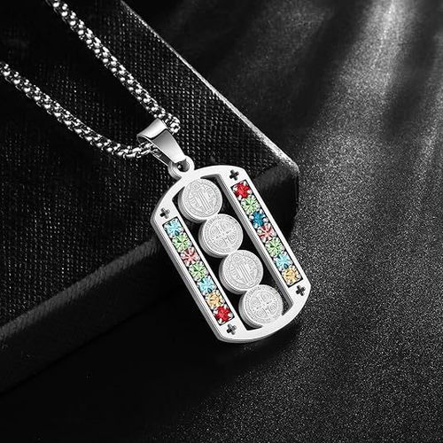 Stainless Steel St. Benedict Medal Pendant Necklace – Cross Inlay with Colored Stones – Distinctive Jewelry