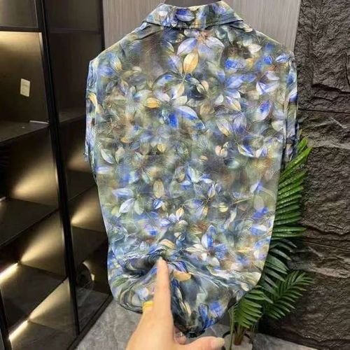 Men's Ice Silk Shirt with Blooming Blue Floral Print