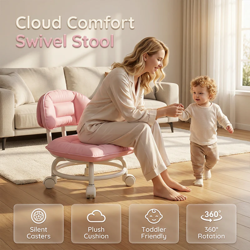 Rolling Low Stool with Backrest – Silent Casters, Soft Padding & Easy Mobility