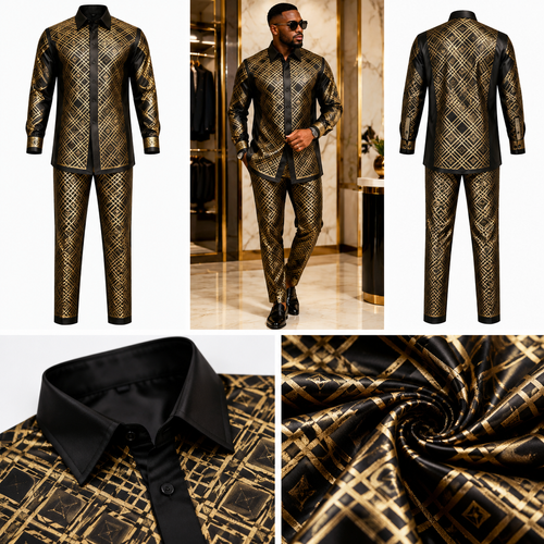 Men's Luxury Black Gold African Print 2-Piece Set – Long Sleeve Button Down Shirt and Matching Trousers, Elegant Geometric Pattern Casual Party Outfit