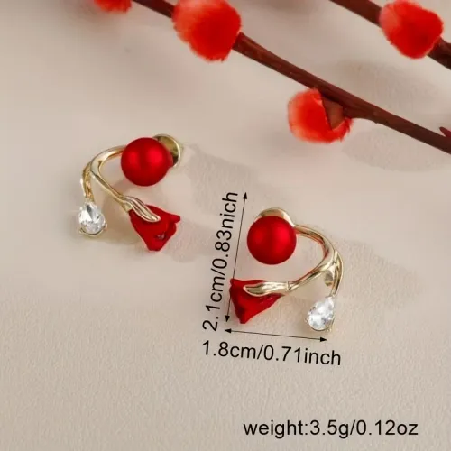 Korean Red Rose Stud Earring Fashion Imitation Pearl Flower Earrings for Woman Party Jewelry Christmas Gift New Arrivals