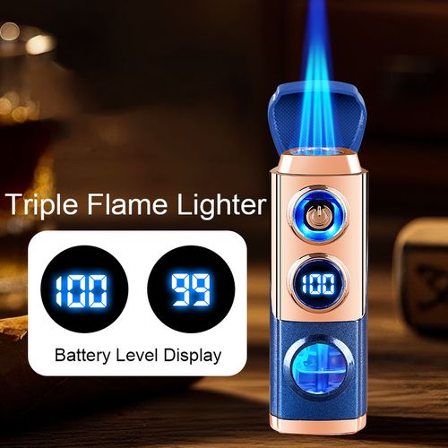 Triple jet flame cigar lighter with three-in-one metal touch sensor.