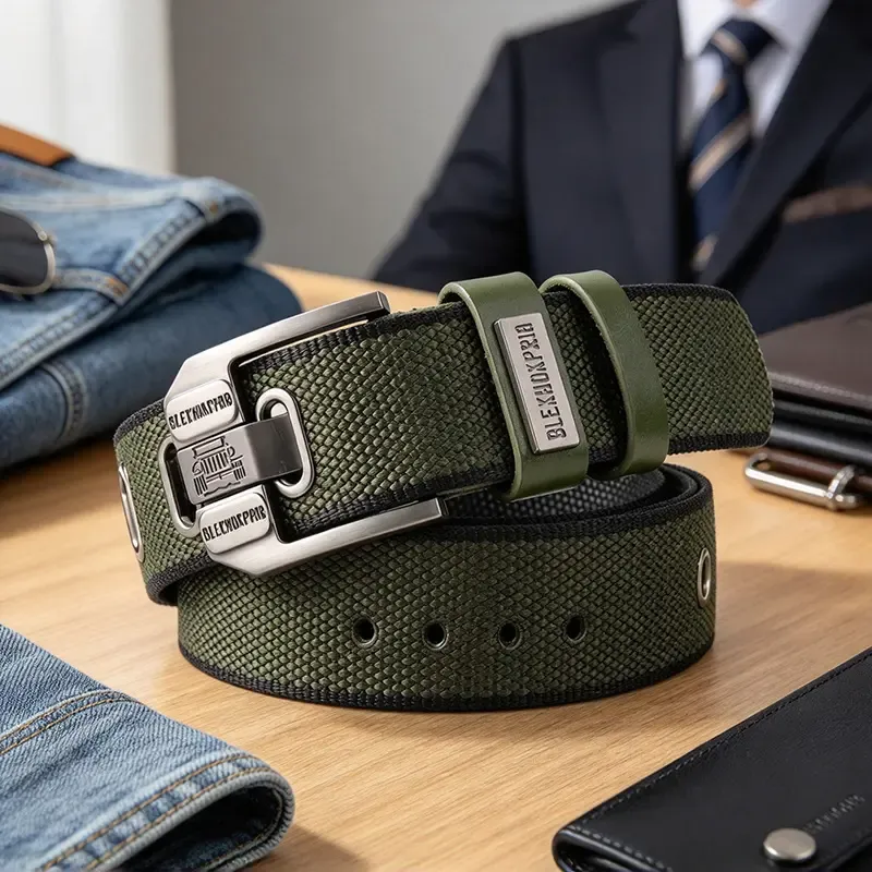 Buckle-Free Men's Belt, Holeless Strap, Large Square Alloy Buckle with Brass Accents, Cotton-PU Leather Strap, Durable Flexible Slip-On, Versatile Fashion Belt, Trendy Holiday Present